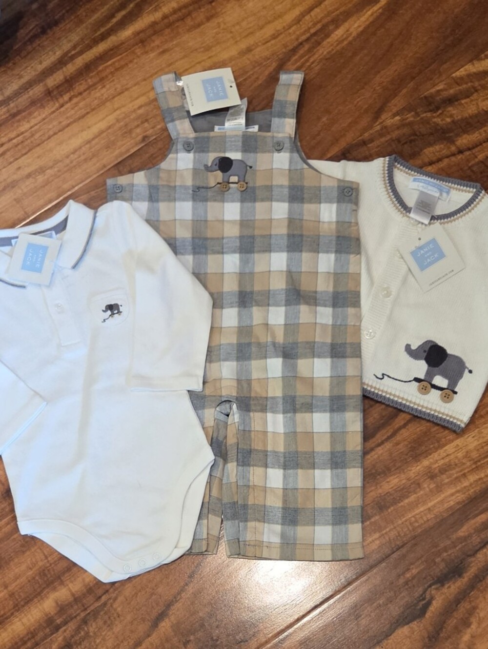Janie and Jack NWT 3-6 Months Plaid Overalls, Polo Bodysuit and Elephant Sweater